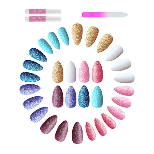 192 Pieces Almond Press on Nails Glitter Designs Full Cover Solid Color Acrylic False Nails Short Artificial Fake Nails with Nail file & Glue for Women Nail Art Salon(8 Colors)