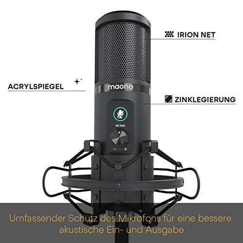 MAONO PM421 - Microfono a condensatore a condensatore con silenziatore monocomando, microfono USB 192KHZ/24BIT e manopola di guadagno microfono per trasmissione, registrazione, gioco, YouTube
