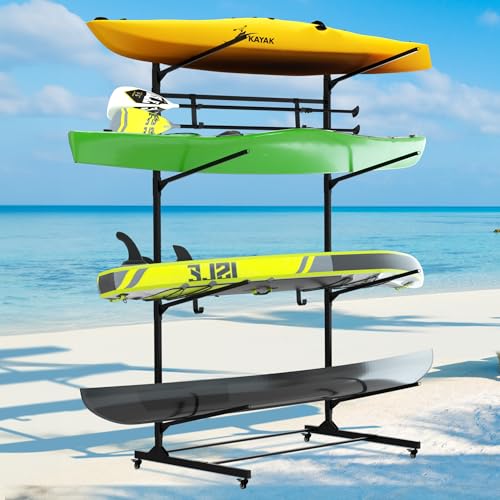 Reliancer Freestanding Kayak Storage Rack w/Wheel,Adjustable 4-Layer Storage Rack for 4 Kayaks,SUP,Surfboard & Paddleboard,Indoor & Outdoor Canoe and Kayak Holder w/4 Paddle Hooks,for Boat Dock,Garage