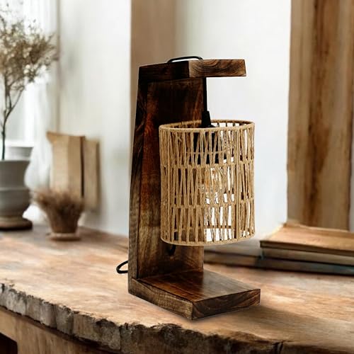 Image of Ikari Homes Vintage Table Lamp I Indonesian Rattan Cane with Braided Wire I Boho Table lamp for Bedroom /Living Room /Office Desk /Restaurants - (Zig Zag Raffia)