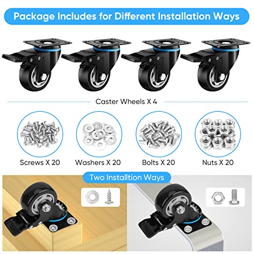 Ticonn 3'' Swivel Caster Wheels Set Of 4, With 4 Safety Brakes, Poly Wheels No Noise Non-Marking, Heavy Duty Plate Casters Set Of 4 (3'') #TOP5