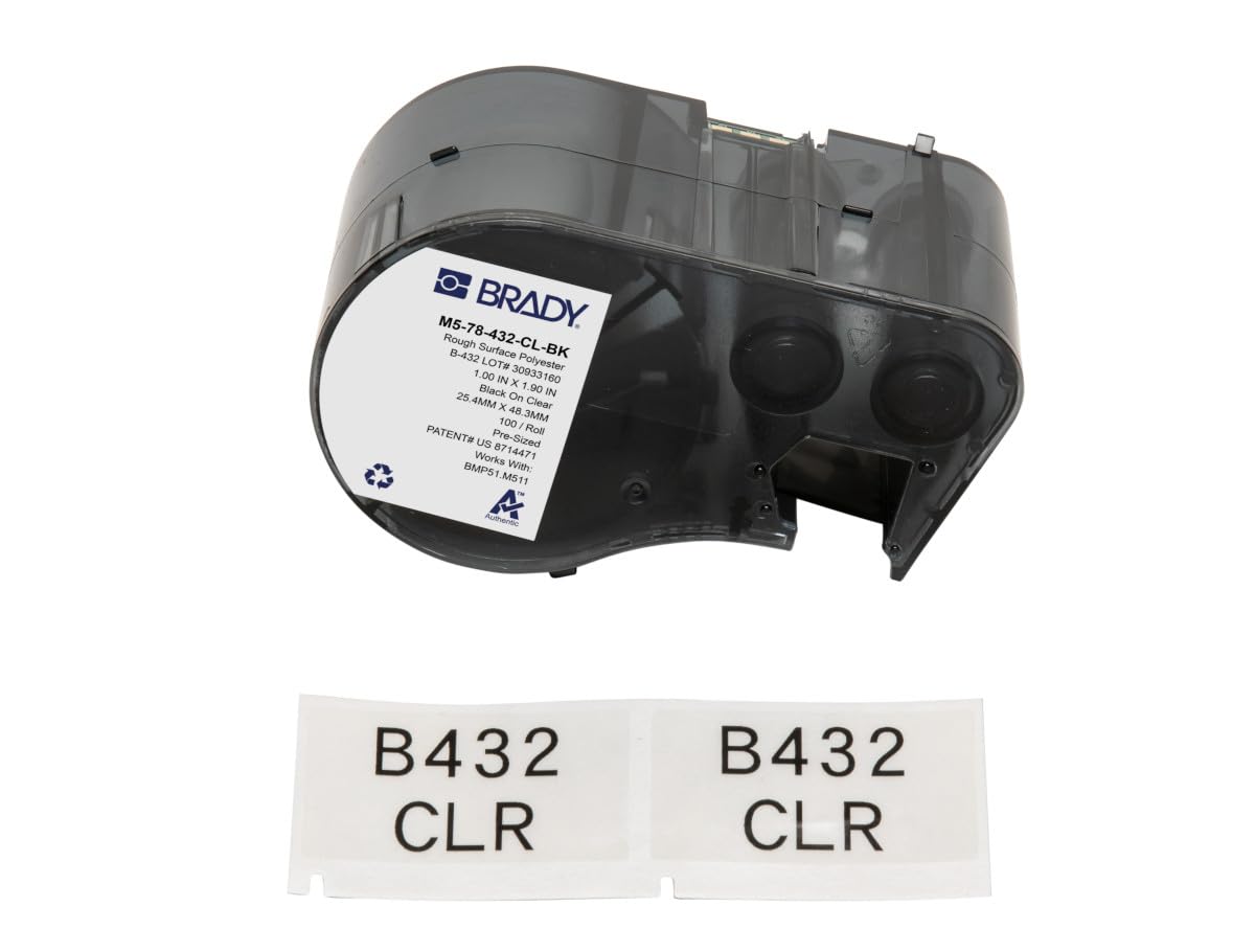 Brady Polyester Pre-Sized Labels for Label Printer BMP51/BMP53/M511-100 Self Adhesive Printer Labels - Black on Transparent (25,40 mm (W) x 48,26 mm (H)) - M5-78-432-CL-BK