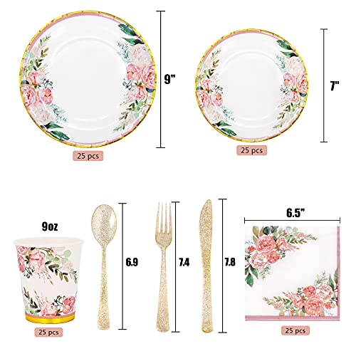 Floral Party Supplies Bridal Shower Paper Plates And Napkins Sets For 24 Guest-Floral Party Disposable Paper Dinner Plates,Cups,Knives, Spoons, Forks, For Baby Shower Birthday Bridal Shower Tea Party #TOP3