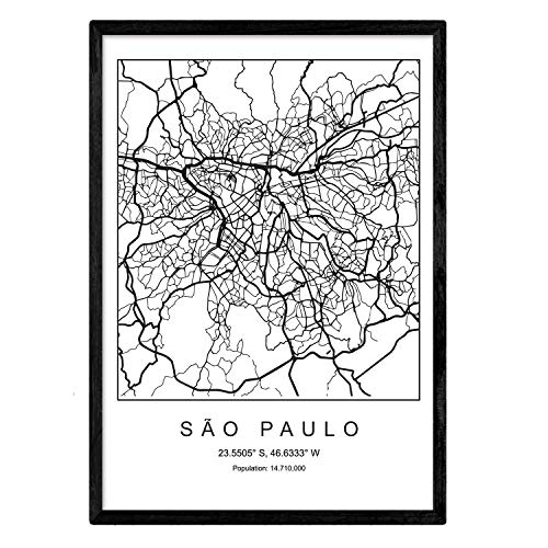 Nacnic Lámina Mapa de la Ciudad Sao Paulo Estilo nordico en Blanco y Negro. Poster tamaño A4 Sin Marco Impreso Papel 250 gr. Cuadros, láminas y Posters para Salon y Dormitorio