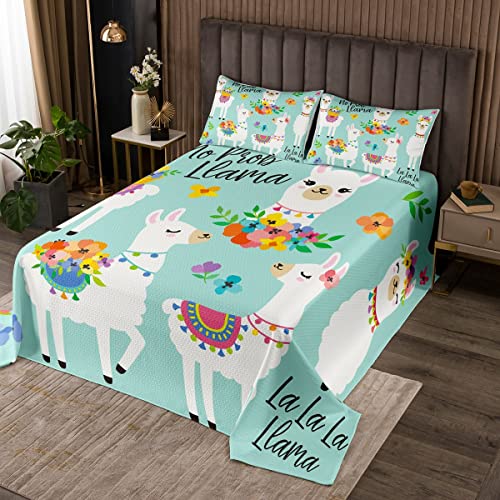 Cute Llama Coverlet Set Llama Floral Botanical Nature Theme Bedspread for Kids Boys Girls Teens Room Cartoon Llama Alpaca Decor Quilted Coverlet Flower Quilted 2Pcs Twin Size