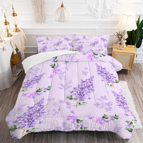 FUYEUN Purple Floral Comforter Set Twin Size,Lilac Flower Bedding Sets for Girls Women Teens Farmhouse Bedroom Bed Bedspread Quilt,1 Comforter,1 Pillow Case