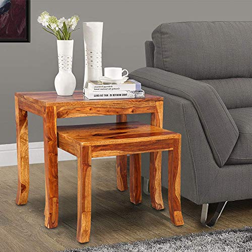 Image of Sheesham Wood Nesting Table Stools for Living Room for Home and Office Decor (Wenge Finish) -Set of 2