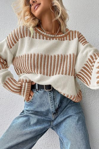 Apvirdy Womens Two Tone Striped Patchwork Sweater Drop Shoulder Casual Loose Crewneck Long Sleeve Ribbed Knit Pullover Tops4