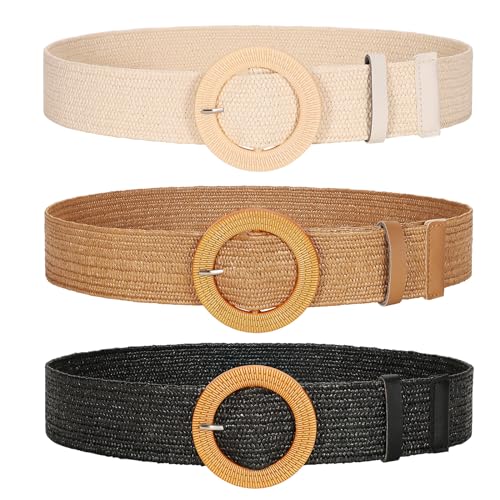 JASGOOD 3Pcs Straw Woven Belt Stretchy Waist Belt for Women Boho Braided Belt Wide Elastic Belt with Round Buckle