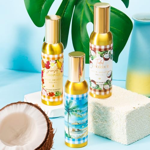 Image of Room Spray, Tidal Coconut, Woven Ocean, Sunset Tropics, 3 Pack, Each 4 fl oz, Air Freshener for Home, Long-Lasting Odor Eliminator for Bathroom and Office