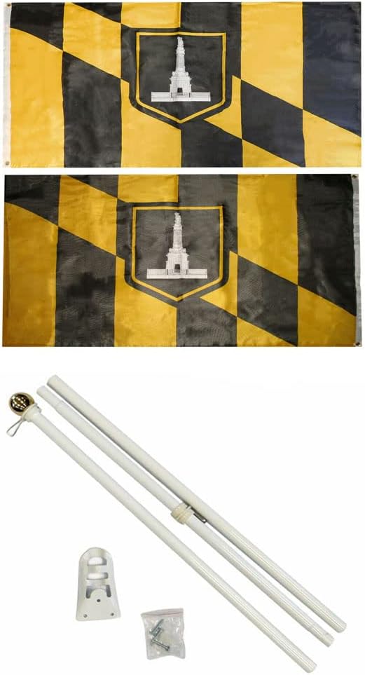 AES City of Baltimore 3'x5' Polyester 2 Ply Double Sided Flag with 6' White Flag Pole Kit with Ball Topper