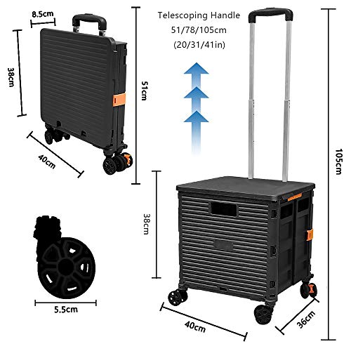 Image of Quick Utility Cart Folding Portable Rolling Crate Handcart with Durable Heavy Duty Plastic Telescoping Handle Collapsible 4 Rotate Wheels for Travel Shopping Moving Luggage Office Use (Black)