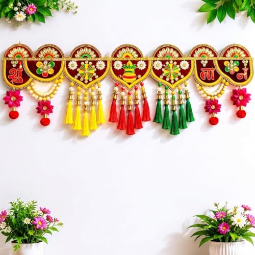 Image of ONESTA Shubh Labh Door Toran for Main Door | Traditional Handmade Bandarwal with Kalash, Bells & Colorful Tassels | Decorative Door Hanging for Diwali Navratri Housewarming & Pooja Decor 3Feet 36 Inch (Pack 01)