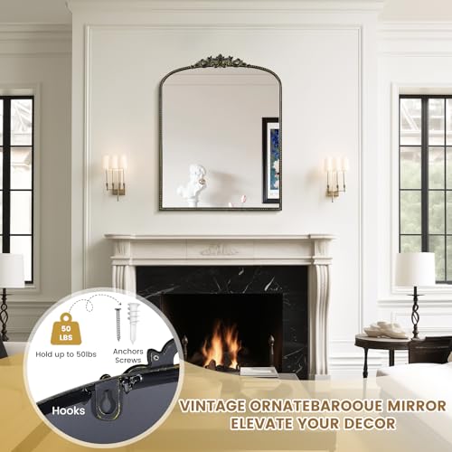 Image of WallBeyond Black Vintage Mirror for Vanity 28x36 Inch, Black Antique Mirror with Ornate Frame, Arched Vintage Wall for Bathroom, Living Room, Fireplace, Entryway
