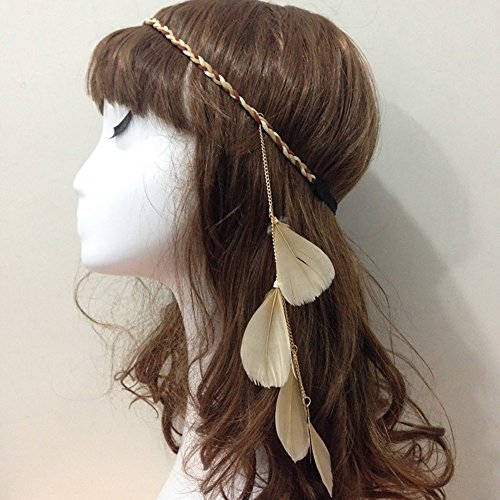 Fodattm Women Lady Bohemian Tassels Hairband Headwear Hippie Feather Headband Hoop Handmade Indian Fascinator Hair Bands Headdress Accessories (khaki)
