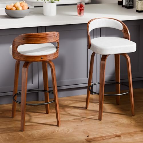 Butacos de Barra Set de 2, Butacos Modernos Giratorios de Altura para Barra (29 pulgadas), Blancos con Patas y Espaldar de Madera, Tapizados en Cuero Sintético para Isla de Cocina