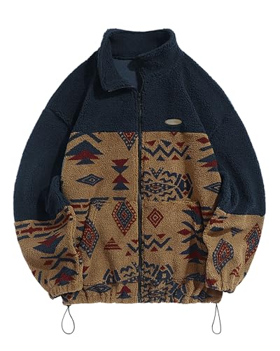 Image of ZAFUL Aztec Print Fleece Jacket - Unisex Full Zip Hoodie with Stand Collar, Pockets & Fluffy Texture