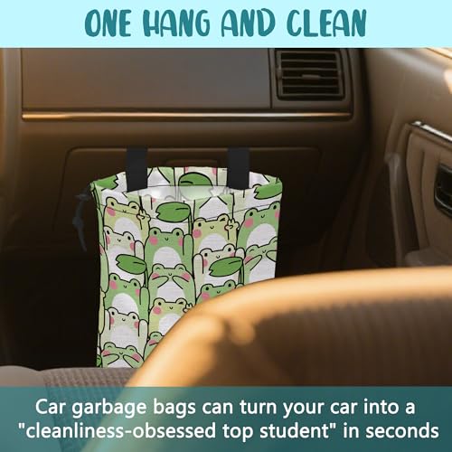 Image of Car Garbage Bag Cute Cartoon Frogs Drawstring Car Trash Bag Hanging for Back Seat with Adjustable Buckle Canvas Vehicle Trash Can Easy-to-Install