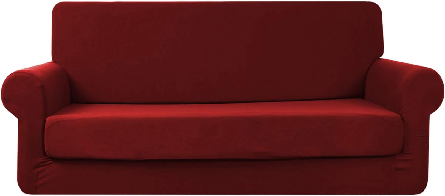 TOPCHANCES 2 Pieces Sofa Slipcover, High Stretch Sofa Slipcovers with Separate Cushion Cover Couch Cover for Armchair Sofa Couch, Spandex Non Slip Sofa Cover… (3 Seat Sofa, Dark Red)