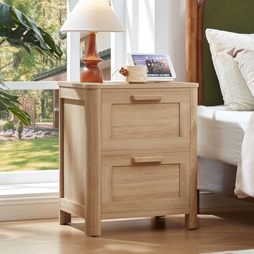 Image of Joaxswe Farmhouse Night Stand Set of 2 with Charging Station, Natural | Bedside Tables Set of 2 for Bedroom with 2 Deep Drawers & 4 Noise-Reducing Feet & Rounded Corners