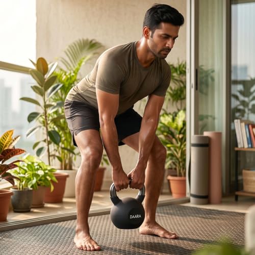 Image of DAARA Half Coating Neoprene Kettlebell, 12kg (26.45 lb) Black Cast Iron Kettle Bell with Non-Slip Grip Handle for Strength Training, Home Gym Workout Equipment for Men & Women (Proudly Made in India)
