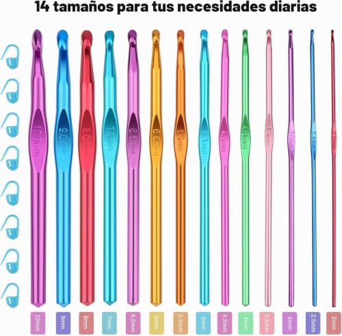Miniatura 2 de Owill 24 Pcs Agujas De Ganchillos Kit, Contiene 14 Tamaños De Ganchillos De Aluminio De Colores Y 10 Marcadores,Conjuntos Ergonómicos De Ganchillo Para Principiantes Y Adultos