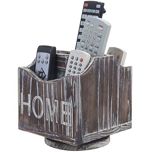 MyGift Torched Wood TV Remote Control Caddy Organizer, Rotating Remote Control Holder with 5-Compartments and Home Letter Design