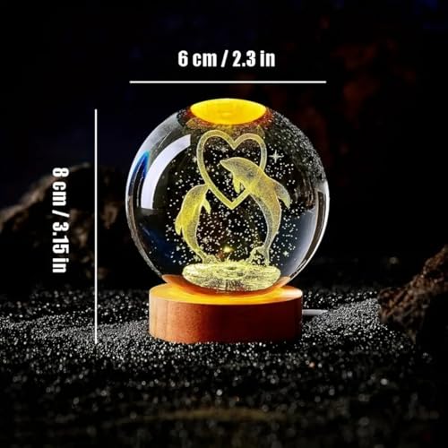 Image of 3D Crystal Ball Lamp with 16 Colors Changing LED Wooden Base - Solar System Night Light, Galaxy Lamps, Galaxy Crystal Ball Light with USB (16 Color Dolphin Love)