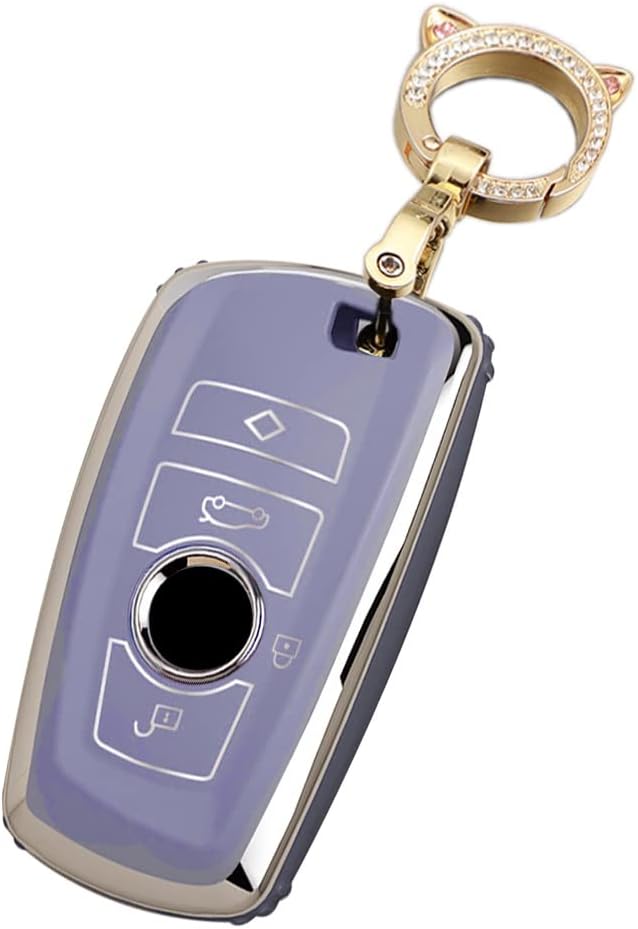 SANRILY Sliver-Edge 3 Button Key Fob Cover for BMW 1 3 4 5 6 7 Series X3 X4 M5 M6 GT3 GT5 Accessories Keyless Soft TPU Key Case with Bling Cat Keychain Purple