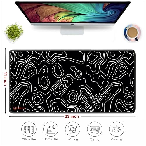 Image of Black Minimalist Contour Line Gaming Mouse Pad, Large Desk Mat 58.5 x 28 cm, Extended Washable Mousepad, Desk Pad, 2mm Thick Non-Slip Rubber Base, Stitched Edges, Smooth Surface (Black /White)
