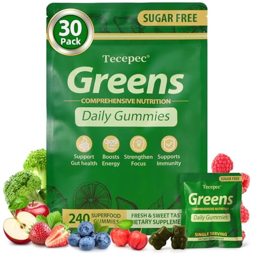 Sugar Free Greens Daily Gummies Superfood Fruits Veggies Blend with Spirulina Chlorella Prebiotics & Fiber Adaptogens Multivitamin Supplement for Women Men Digestive Health Non-GMO 240 Count
