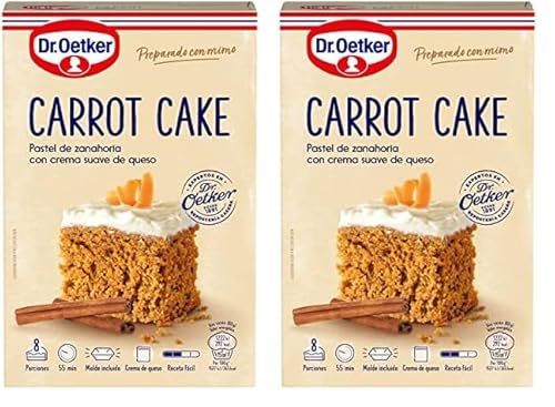 DR. OETKER Pastel de Zanahoria, Preparado para Tarta de Zanahoria con Crema de Queso - Estuche con Mezcla para Bizcocho 265g y Mezcla para Crema de Queso 50g y 1 Molde (Cantidad 8 Raciones)