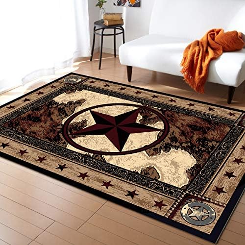 Rectangle Indoor Area Rugs, Rustic Western Texas Star Vintage Brown Non-Slip Accent Rug for Living Room Bedroom Office Kids Room Nursery, 2'7"x5'