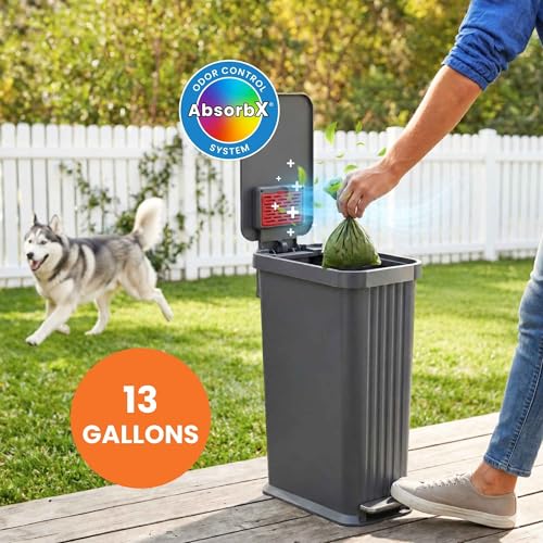 Image of iTouchless 13.2 Gallon / 50 Liter Dog Poop Trash Can with Lid & AbsorbX Odor Filter, Indoor & Outdoor Rust-Proof Pet Waste Bin, Soft-Close Step Pedal, Large Capacity Recycle Bin, Matte Gray