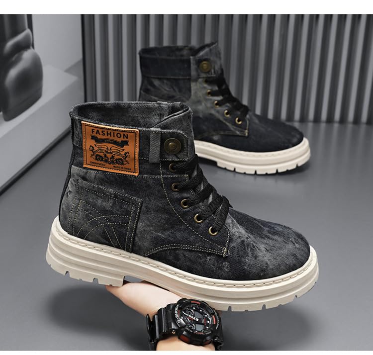 Men's Fashionable Denim Design Lace Up Boot, Casual Comfortable Blue Boots for Men Daily Wear, Male All-match Round Toe High Cut Daily Wear, Footwear, Casual Ankle, Walking Shoes4