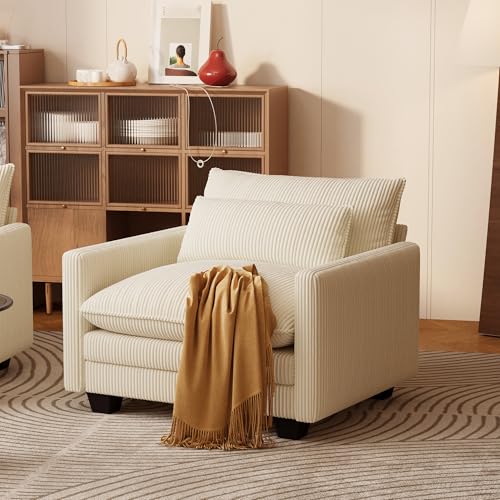 Image of Gizoon Cloud Accent Chair with Washable Cover, Corduroy Single Sofa Chair with Comfy Deep Seat, Modern Armchair with Pillow for Living Room Bedroom, Beige