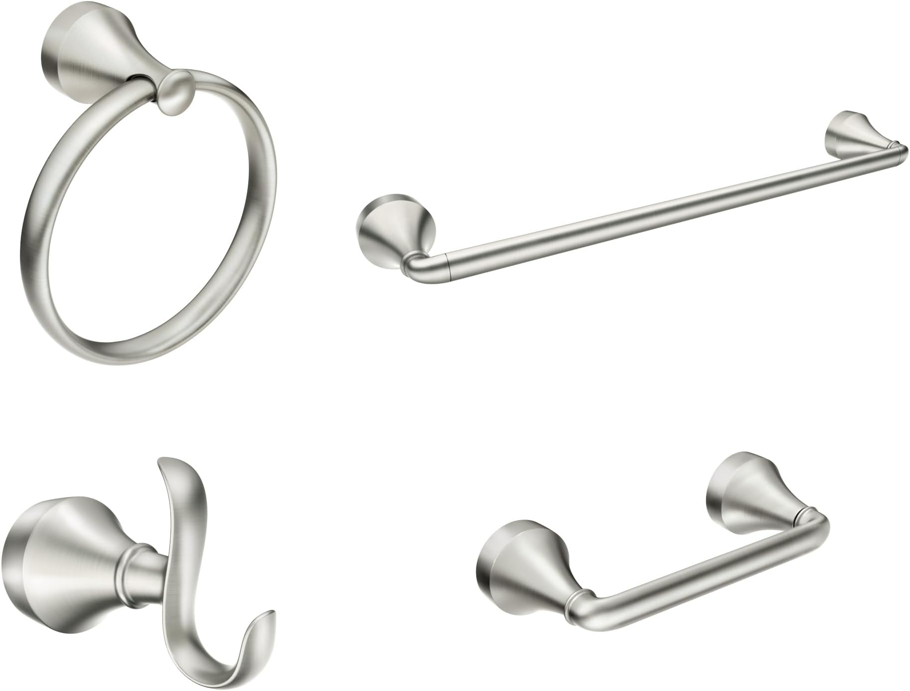 Wellton Brushed Nickel 4-Piece Bathroom Accessory Collection, Includes Towel Ring, Robe Hook, Towel Bar, and Pivoting Toilet Paper Holder, Y1394BN