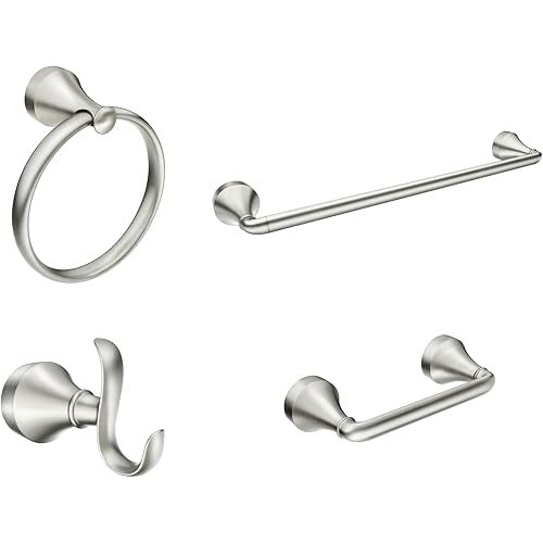 Moen Wellton Brushed Nickel 4-Piece Bathroom Accessory Collection, Includes Towel Ring, Robe Hook, Towel Bar, and Pivoting Toilet Paper Holder, Y1394BN