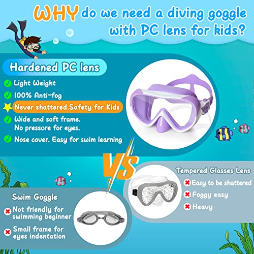 Kids Swim Mask 180° Snorkel Diving Mask, Anti-Fog Child Swim Goggles With Nose Cover No-Leak Swimming Goggles Anti-Shattered Lens For Youth 4-15 (Purple) #TOP3