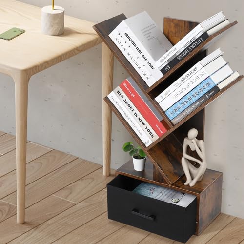 GlowSol Tree Bookshelf-4 Shelf Bookcase with Drawer, Free Standing Tree Bookcase, Utility Storage Rack for CDs Movies Book, Retro Book Storage Shelves for Living Room, Bedroom,Home, Office
