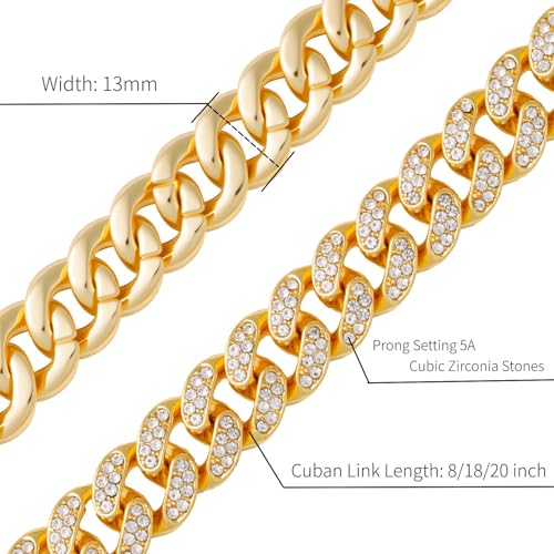 Cuban Link Chain for Men | Necklace and Bracelet Miami Cuban Chains | Bling Diamond Chain for Hip Hop Jewelry Silver/Gold (8/18 /20 inches)2