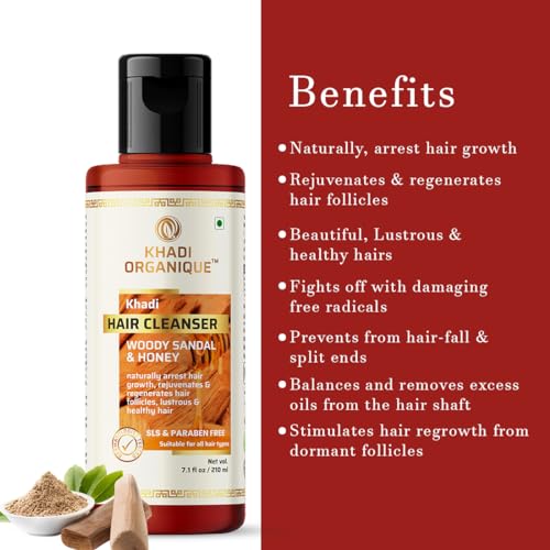 Image of Khadi Organique Woody Sandal & Honey Hair Cleanser Shampoo | SLS & Paraben Free Herbal Shampoo | Nourishing, Strenghten, Anti-Dandruff & Hair Fall Control | For Daily Use - 210 ml (Pack of 2)