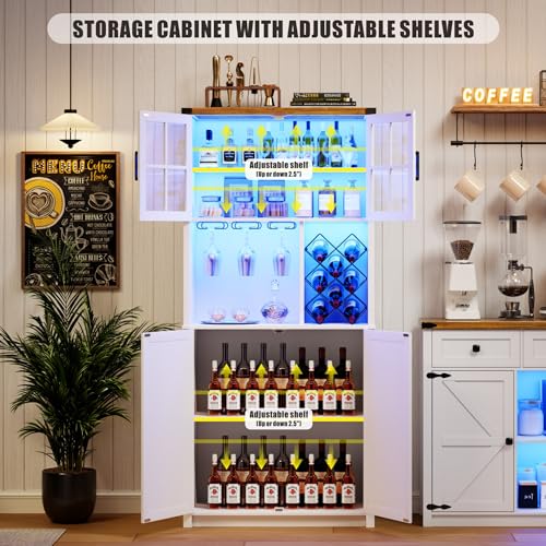 TAGELIER Farmhouse Bar Cabinet with LED Light, 69\'\' Tall Liquor Cabinets for Home with Wine & Glass Holder, Large Kitchen Hutch with Doors and Storage Shelves, Coffee Bar Sideboard Buffet, White
