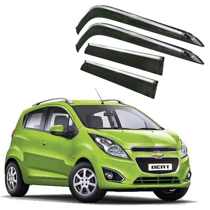 Image of CAR SAAZ Side Door Visors for Beat (2009-2017)(Set of 4Pcs)|Chrome Lined Rain Guards, Polycarbonate, Smoke Finish