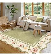 Lahome Floral Rug 5x7, Green Rugs for Living Room Ultra-Thin, Scalloped Boho Washable Area Rug So...