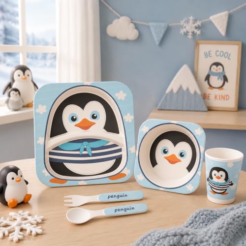Image of Bamboo Kids Feeding Set of 5|Kids Crockery Set Tableware |Baby Utensils and Dishes Set | Eco-Friendly |Organic & Natural (Plucky Peguin)