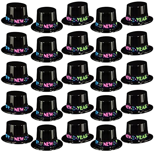Beistle Neon Party Toppers – 25 Pack Black Plastic New Year’s Eve Top Hats with Neon HNY Bands, Festive Countdown Headwear for Midnight Celebrations and Event Party Accessories, Adult Size