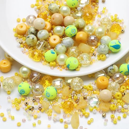 UHOMENY 8mm Round Spacer Beads - Mixed Colour Glass Crystal Beads for Bracelet, Necklace, Key Chains, Earring Making Crafts (Yellow)