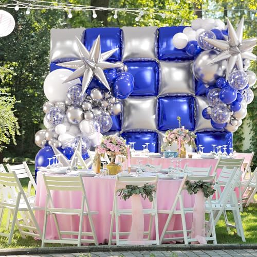 25pcs Blue and Silver Foil Square Balloon Backdrop Wall with 149pcs Royal Blue White Silver Balloons Arch, Double Sided Balloon Tunnel with Star Balloons for Graduation,New Year Party Decor by ZizasAry - Used condition - Image 8