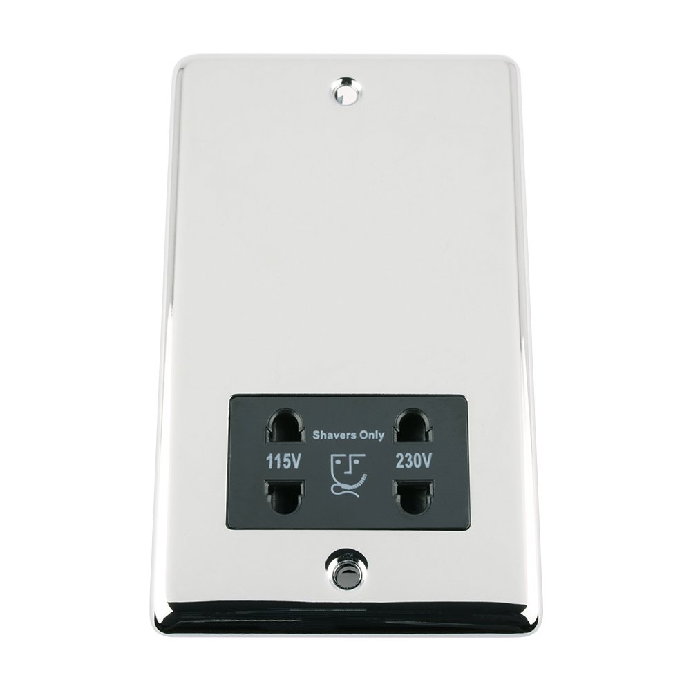 Shaver Socket - Polished Mirror Chrome - Classic - Black Insert - Dual Voltage 115V/ 230V